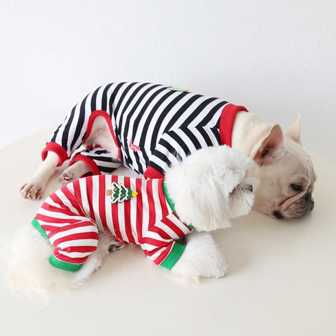 Hdwk&Hped Soft Cotton Dog Pajamas, Striped Solid Pet Jumpsuit for Small Dog Cat Puppy, 3 Styles (Christmas Style 2-Pack)