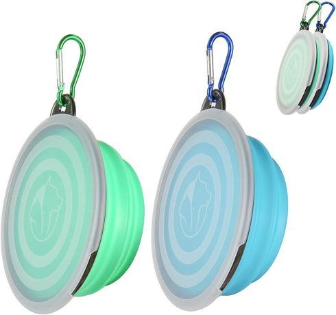 SLSON Collapsible Bowl with Cover Lids - 2 Pack Portable Dog Travel Bowls for Pets (Light Blue & Green)