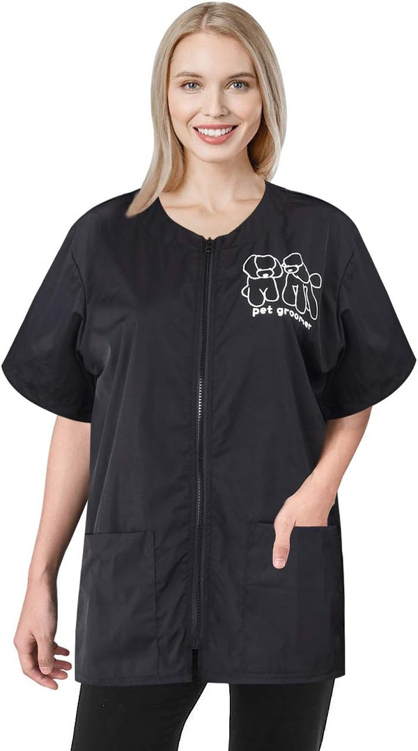 Noverlife M Size Short Sleeves Pet Grooming Work Clothes, Splash Proof Anti-Static Smock with Full Zipper for Dog Cat