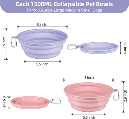 Kytely Collapsible Dog Bowls, X-Large (1500ml), 2 Pack Foldable Travel Bowls, Portable Dog Water Food Bowl,