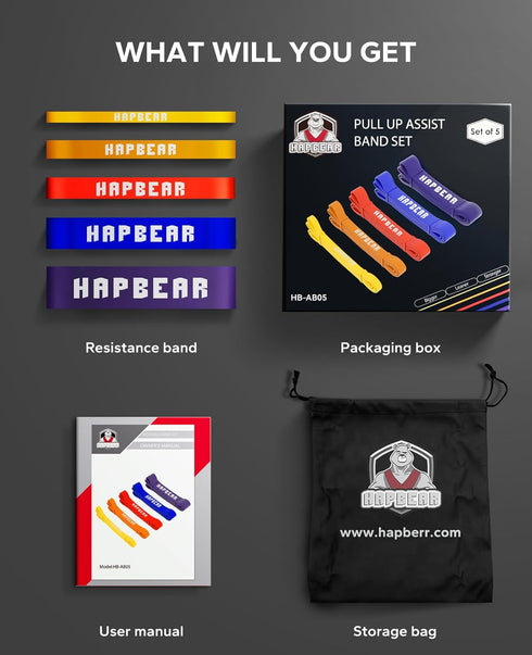 HAPBEAR Pull Up Assistance Bands, Resistance Bands Set of 5 for Working Out, Stretching, Physical Therapy