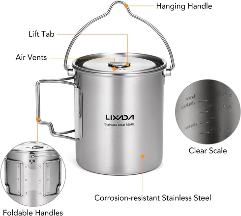 LIXADA Camping Cup Pot - 750ml Stainless Steel Water Cup with Foldable Handles and Lid for Outdoor Use