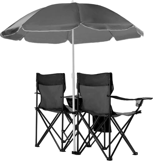 Vasitelan Double Camping Chair with Umbrella, Folding Loveseat Chairs w/Canopy Shade, Carrying Bag, Table, Cup Holder