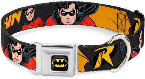 Buckle-Down Dog Collar, Seatbelt Buckle ROBIN Red/Black Poses Gray, 1.5" Wide, Fits 16-23" Neck, Medium