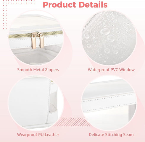 Set 2, Transparent Cosmetic Bags of Waterproof Travel Toiletry Storage, Leather Makeup Brush Organizers with Clear