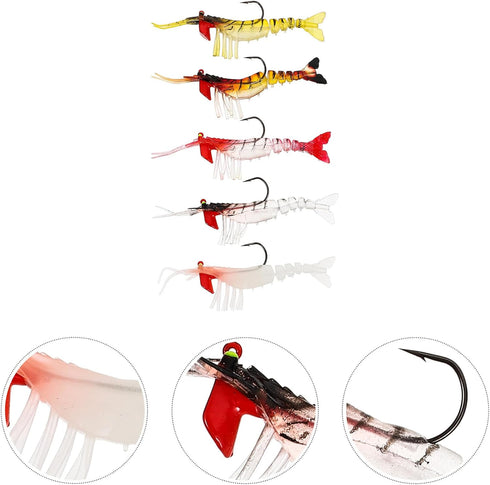 5pcs Operitacx Luminous Multi- Shrimp Lures PVC Fishing Baits Realistic Simulation Shrimp Lures for Freshwater