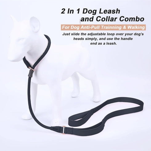Slip Lead Dog Leash - 6ft Black Training Leash with Double Handle, Soft Leather Nylon Slip Leash and Collar for Small,