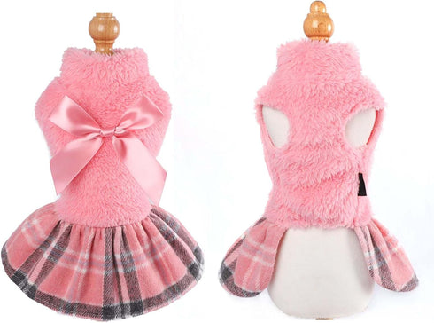 Dog Sweater for Small Dogs, Warm Fleece Dress for Fall, Plaid Pink Sweater for Chihuahua Yorkie Teacup Dogs