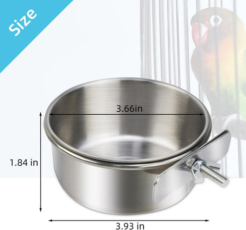 2 Pack Stainless Steel Bird Bowls for Cage, Parrot Food Water Feeder, Hanging Bowl Crate Cups for Small Animals