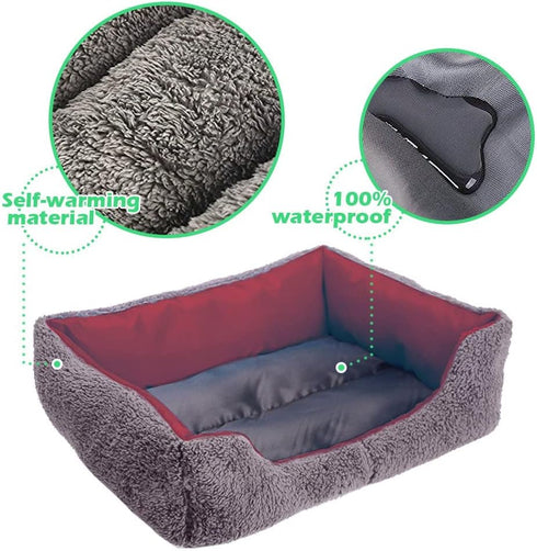 Barelove Pet Dog Bed, Washable Rectangular Pet Basket Bed, Durable Waterproof Fleece Lining for Most Pets (Small, Wine