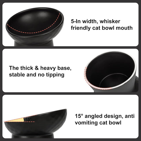 Elevated Cat Bowl Black, Tilted Angle Ceramic Food and Water Bowls for Cats and Small Dogs, 8 Ounces