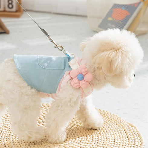ANIAC Denim Small Puppy Dress - 3D Flowers Girl Dog Clothes with D-Ring, Striped Harness (X-Small, Pink)