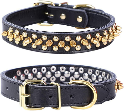 Adjustable Genuine Leather Spiked Studded Dog Collars for Small Medium Large Pets, Pit Bull Bulldog Pugs Husky (S,