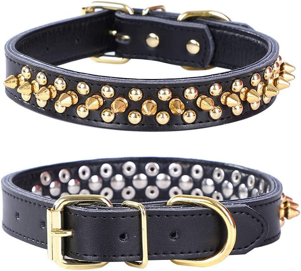 Adjustable Genuine Leather Spiked Studded Dog Collars for Small Medium Large Pets, Pit Bull Bulldog Pugs Husky (S,