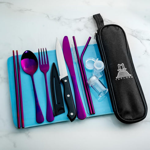 Portable Travel Silverware Set, 10 Pcs Stainless Steel Utensils with Case, Lightweight for Camping, Purple