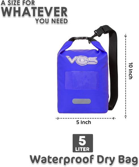 VOS Waterproof Premium Dry Bag – All-purpose Bag with Zip Pocket - Keep Your Gear & Personal Items Dry During Hiking, Camping, and Winter Sports (Blue), 5L