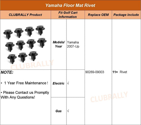 Yamaha Floor Mat Rivet, Push Fasteners for Yamaha Driver Golf Cart 2007-Up, Pack of 11