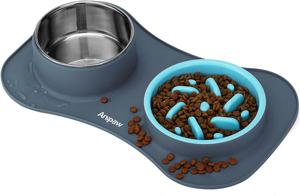 Slow Feeder Dog Bowls 3 in 1 - Stainless Steel Food and Water Bowls with Non-Spill Silicone Mat for Dogs and Cats