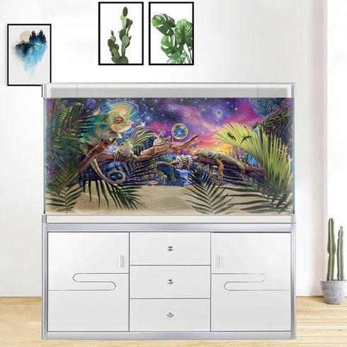 Aquarium Background with Galaxy Space Planet Design - Waterfall Landscape Tapestry for Fish Tank Decor