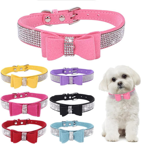 Cute Bling Rhinestone Crystal Dog Collars with Bow Tie for Female Dogs, Pink S