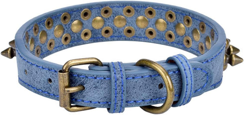 Mushrooms Spiked Rivet Studded Adjustable PU Leather Pet Collars - For Cats Puppy Dogs, A Blue