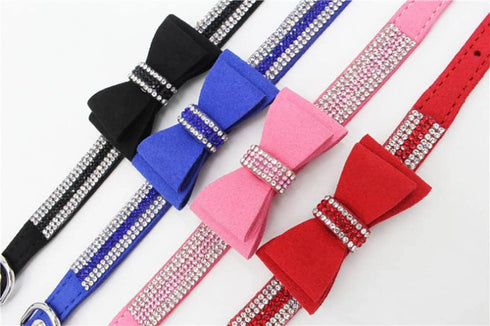Cute Bling Rhinestone Crystal Dog Collars with Bow Tie for Female Dogs, Pink S