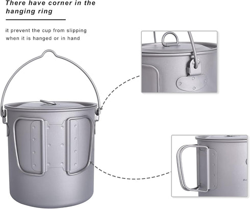 Outdoor Titanium Pot with Lid, 750ml - 2900ml, Folding Bail Handle, Camping Hiking Picnic Set