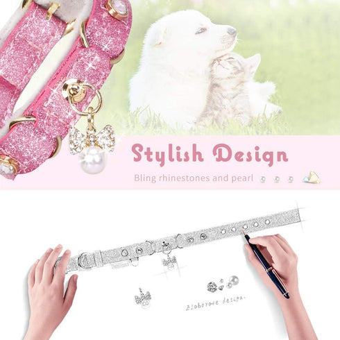 PetsHome Adjustable Cat Dog Collar, Bling Rhinestones PU Leather with Luxury Pendant for Extra Small Dog and Cat, Pink