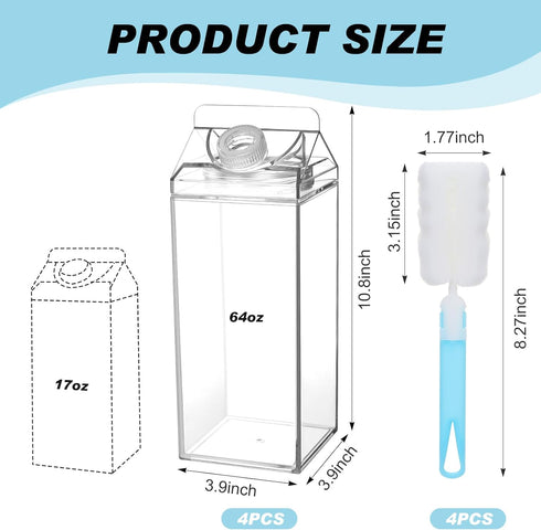 Yiyiring 4 Pack 64 oz Large Milk Carton Water Bottle with Cleaning Brush Clear Plastic Milk Bottle Portable Leakproof