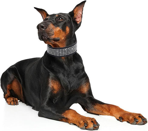 Rhinestones Dog Collars - 2" Wide Sparkly Crystal Studded PU Leather Collar for Medium and Large Dogs, 5 Rows