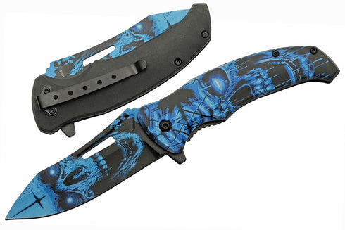 SZCO Supplies 8.5” Haunted Skull EDC Folding Knife with Pocket Clip, Blue