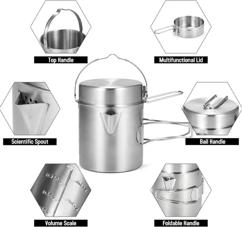 Lixada Camping Cooking Kettle 1L - Stainless Steel Pot with Foldable Handle for Hiking Backpacking Picnic