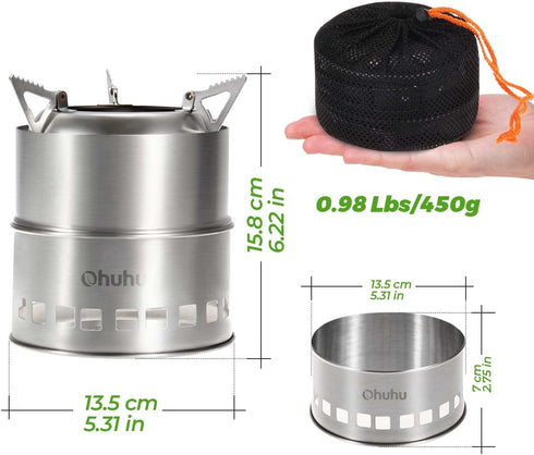 Ohuhu Camping Stove, Mini Portable Wood Burning Stove, Stainless Steel for Picnic BBQ Camping Hiking Cooking
