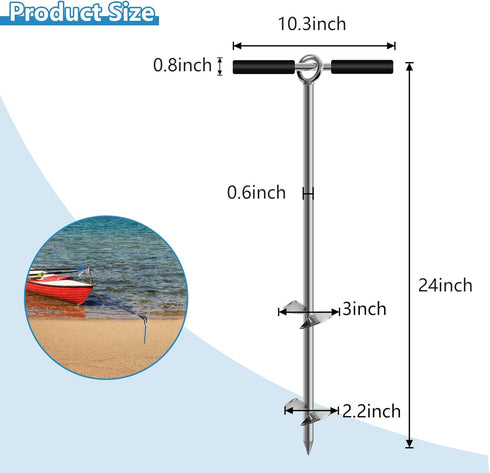 Sand Anchor - Beach Anchor with Removable Handle, Bungee Line & Carry Bag, 18"/24"/36" Length Auger for Beach