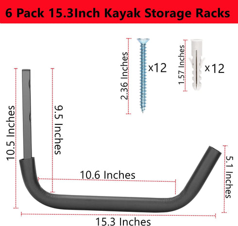 Heavy Duty Kayak Storage Racks, 15 Inch Wall Mount Garage Hooks for Kayak, Canoe, Surfboard, Paddle Board