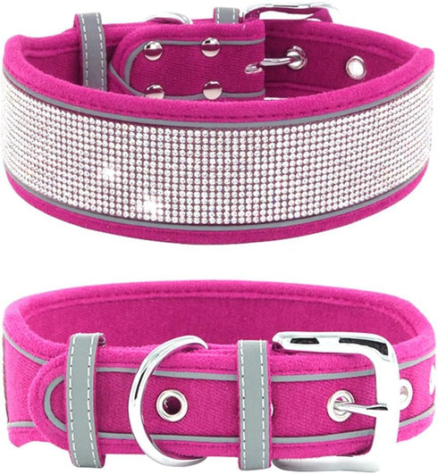 Dazzling Rhinestone Dog Collar, Soft Suede Reflective Crystal Diamond Collar for Medium & Large Dogs (Hot Pink,