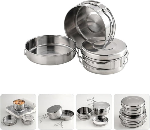 Set Set Backpacking Toyvian Outdoor Camping Cookware Stainless Steel Pot Pan Foldable Handle Portable Cooking Kit