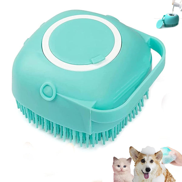 Pet Bath Scrubber Brush, Dog Grooming Massage Shampoo Brush with Soap Dispenser, Soft Silicone Bristle (Blue)