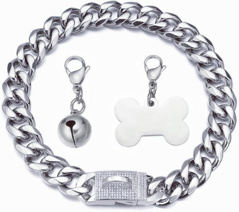 Silver Dog Chain Collar Cuban Link with Cubic Zirconia Buckle, ID Tag and Bell (15mm/19mm, 10-26inch)