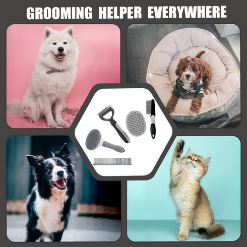 5PCS Set Grooming Kit for Dog,Puppy- Deshedding & Slicker Brush for Short-Haired Pets, Flea Comb and Grooming Comb Grey