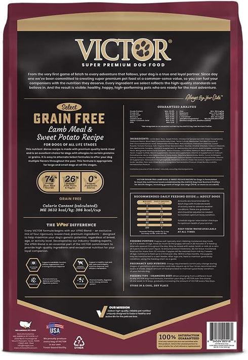Victor Super Premium Dog Food – Grain Free Lamb Meal & Sweet Potato Recipe, 15 lb