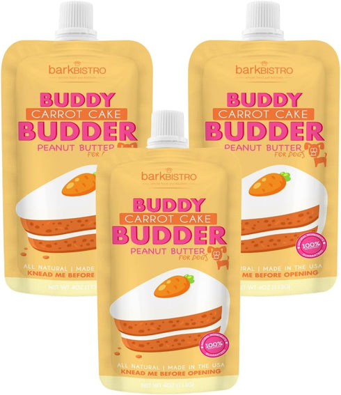 BUDDY BUDDER 3 Pack Carrot Cake Squeeze Packs - 100% Natural Dog Peanut Butter, Made in USA, 4oz