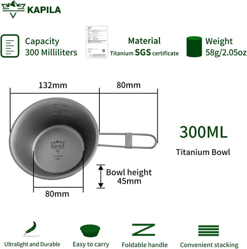 KAPILA 300ml Titanium Bowl with Folding Handle, Portable Camping Picnic Tableware