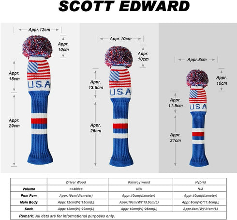 Scott Edward Knit Golf Club Cover Set of 5 with Pom, USA Flag, Protect Driver Wood and Fairway Wood