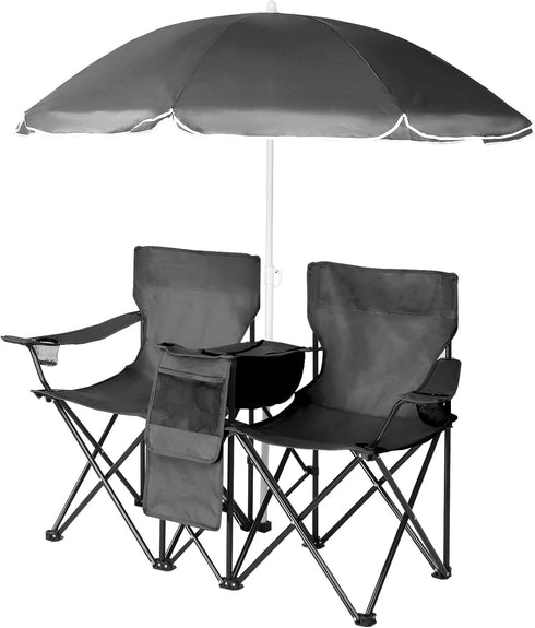 Vasitelan Double Camping Chair with Umbrella, Folding Loveseat Chairs w/Canopy Shade, Carrying Bag, Table, Cup Holder