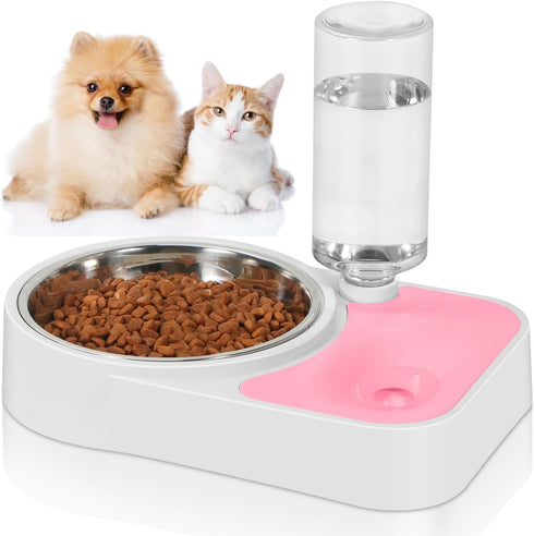Double Dog Cat Bowls, 6.9" Dia Food Bowl and 11.6" L Water Bowl with Automatic Water Dispenser, Stainless Steel for