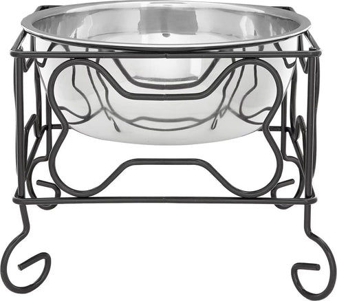 Medium Wrought Iron Stand with Single Stainless Steel Bowl, Size: 7" H x 9.5" W x 9.5" D