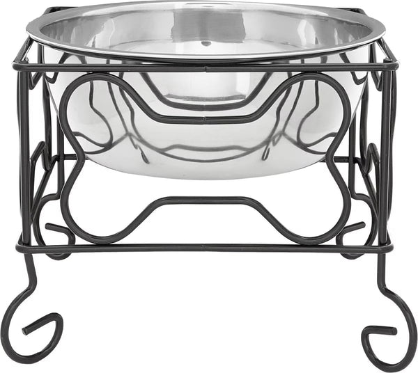 Medium Wrought Iron Stand with Single Stainless Steel Bowl, Size: 7" H x 9.5" W x 9.5" D