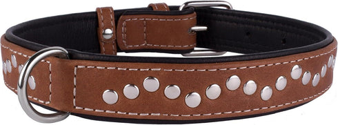 CollarDirect Studded Dog Collar - Leather Pet Collars for Dogs - Soft Padded - Brown Black (Brown, Neck fit 17" - 19")