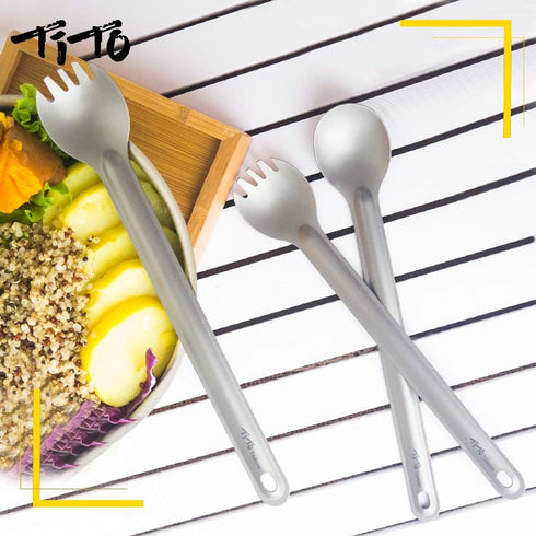 TiTo Titanium Long Handle Spork and Spoon – Eco-Friendly Ultralight Portable Flatware for Camping, Hiking, Travel